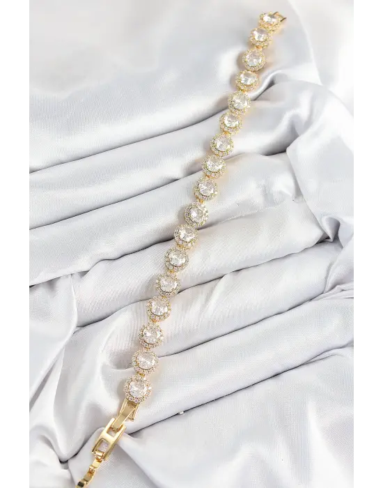 Pirinç Zirkon Taşlı Daire Baget Model Gold Renk VIP Seri Kadın Bileklik