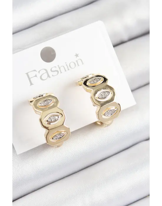 Pirinç Zirkon Taşlı Damla Figürlü Halka Model Gold Renk Kadın Küpe