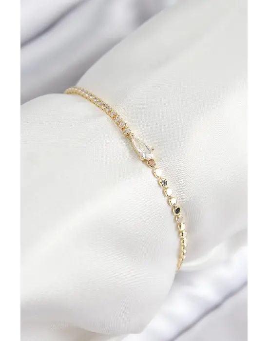 Pirinç Zirkon Taşlı Damla Model Ezme Zincir Gold Renk Kadın Bileklik