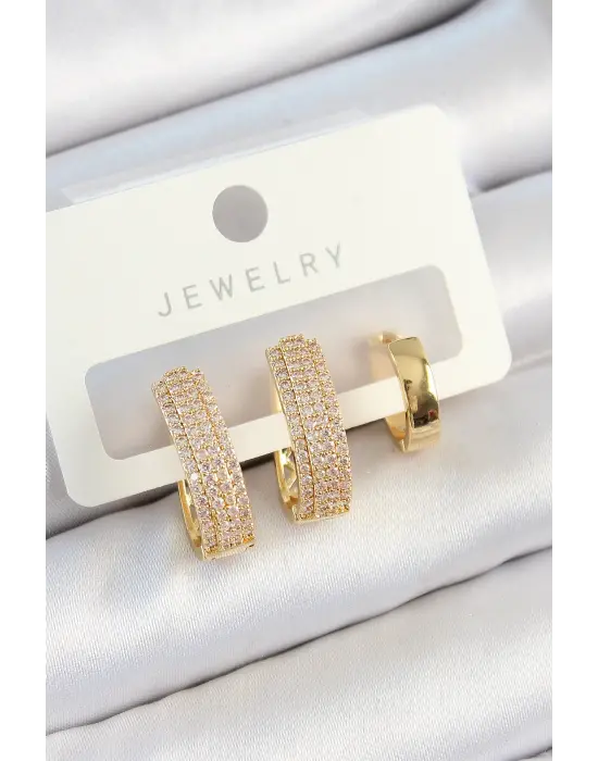 Pirinç Zirkon Taşlı Damla Model Gold Renk 3lü Çift Kadın Küpe Set
