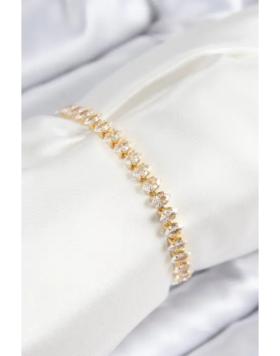 Pirinç Zirkon Taşlı Damla Model Gold Renk Asansörlü Kadın Bileklik