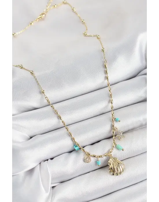 Pirinç Zirkon Taşlı Deniz Kabuğu Model Gold Renk Kadın Kolye