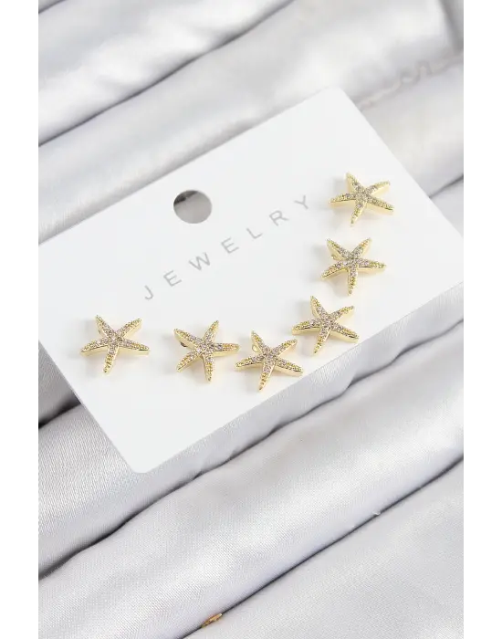 Pirinç Zirkon Taşlı Deniz Yıldızı Model Gold Renk 925 Ayar Gümüş Çivi Kadın Küpe Set