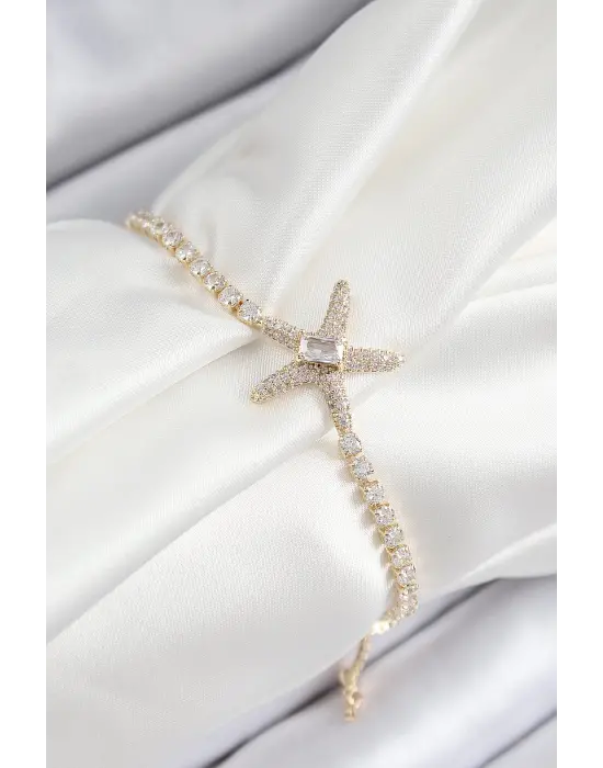 Pirinç Zirkon Taşlı Deniz Yıldızı Model Gold Renk Asansörlü Kadın Bileklik