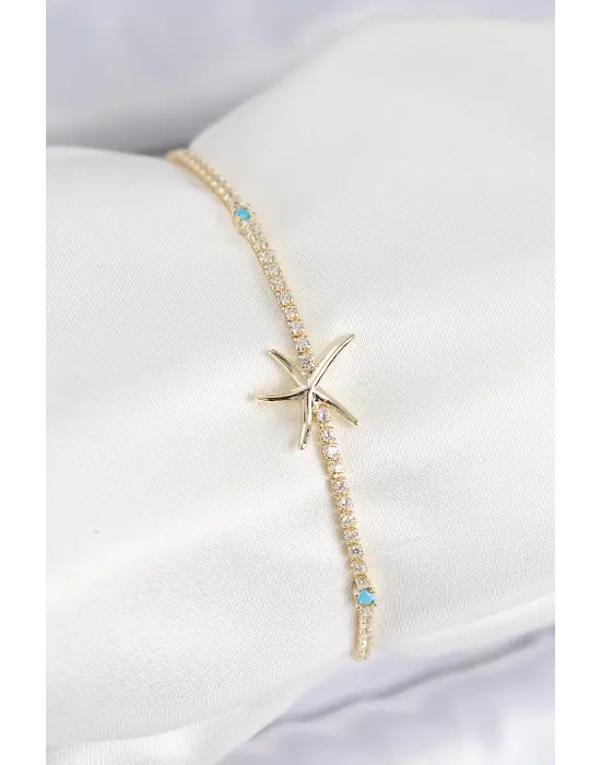 Pirinç Zirkon Taşlı Deniz Yıldızı Model Gold Renk Kadın Bilekilk