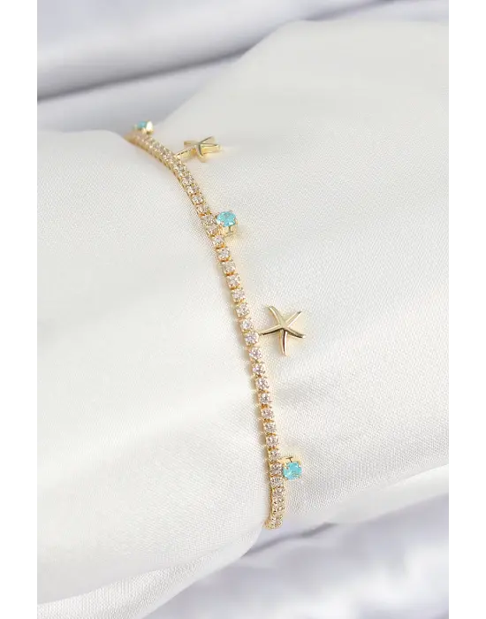 Pirinç Zirkon Taşlı Deniz Yıldızı Model Gold Renk Kadın Bilekilk