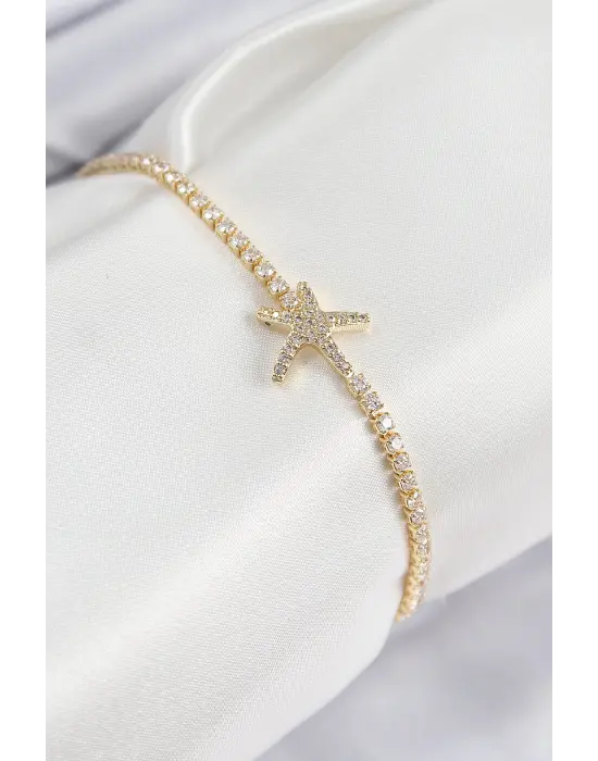 Pirinç Zirkon Taşlı Deniz Yıldızı Model Gold Renk Kadın Bileklik