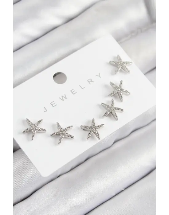 Pirinç Zirkon Taşlı Deniz Yıldızı Model Gümüş Renk 925 Ayar Gümüş Çivi Kadın Küpe Set