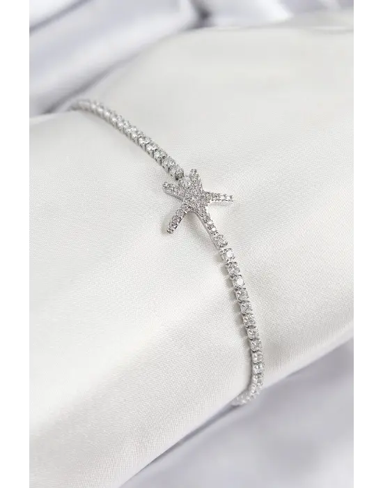 Pirinç Zirkon Taşlı Deniz Yıldızı Model Gümüş Renk Kadın Bileklik