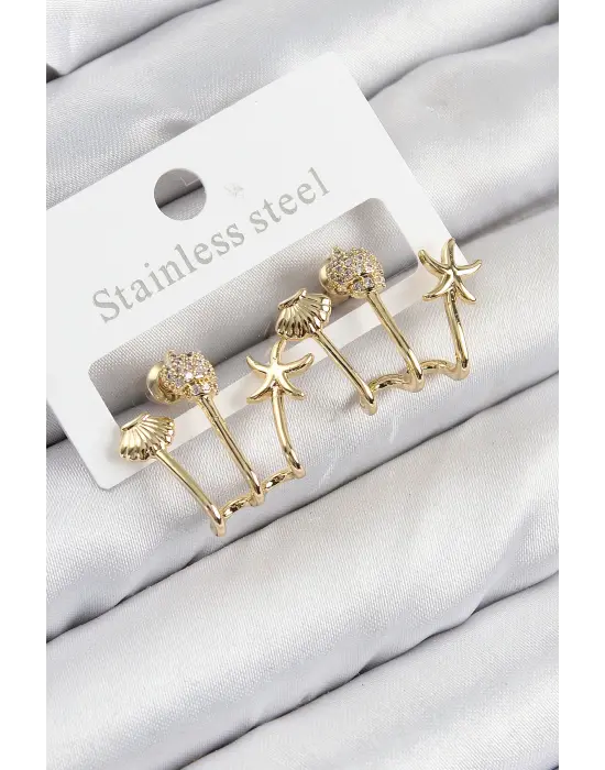 Pirinç Zirkon Taşlı Deniz Yıldızı ve İstiridye Model Gold Renk Kadın Küpe