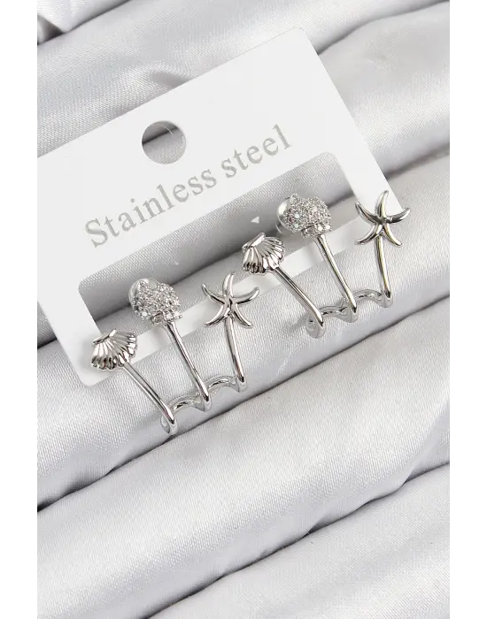 Pirinç Zirkon Taşlı Deniz Yıldızı ve İstiridye Model Gümüş Renk Kadın Küpe