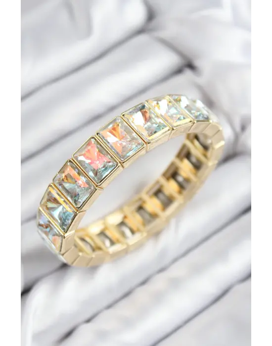 Pirinç Zirkon taşlı Dikdörtgen Gold Renk Lastikli Kadın Bileklik