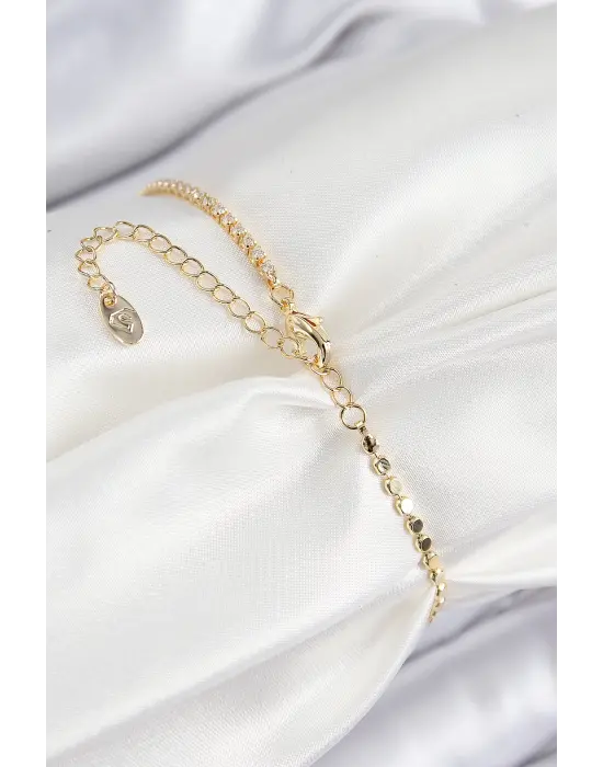 Pirinç Zirkon Taşlı Dikdörtgen Model Ezme Zincir Gold Renk Kadın Bileklik