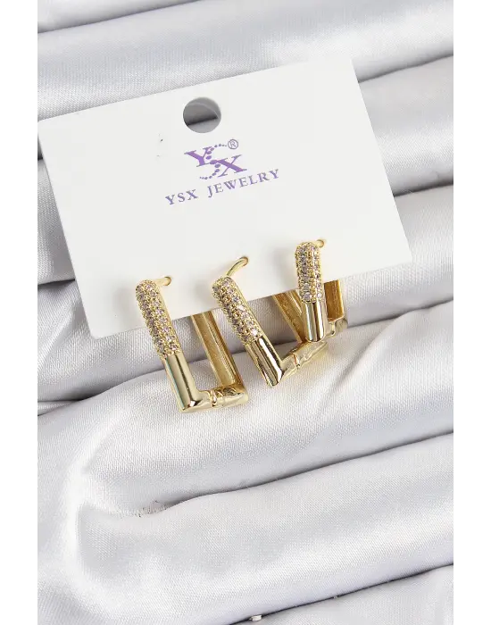 Pirinç Zİrkon Taşlı Dikdörtgen Model Gold Renk 3lü Kadın Küpe