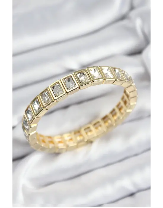 Pirinç Zirkon Taşlı Dikdörtgen Model Gold Renk Lastikli Kadın Bileklik