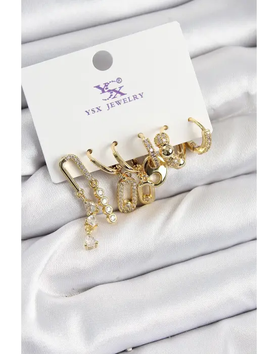 Pirinç Zİrkon Taşlı Dikdörtgen Model Gümüş Renk 3lü Çift Kadın Küpe