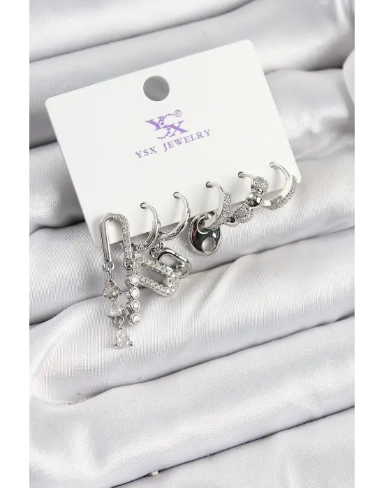 Pirinç Zİrkon Taşlı Dikdörtgen Model Gümüş Renk 3lü Çift Kadın Küpe