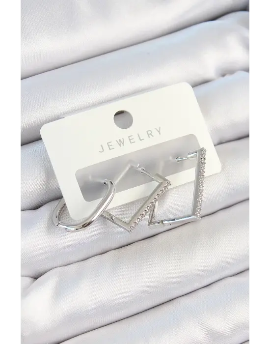 Pirinç Zirkon Taşlı Dikdörtgen Model Gümüş Renk 3lü Çift Kadın Küpe Set