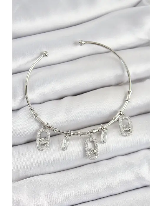 Pirinç Zirkon Taşlı Dikdörtgen Model Gümüş Renk Charm Bileklik