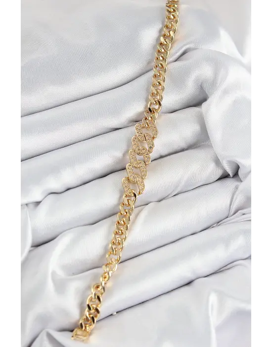 Pirinç Zirkon Taşlı Ezme Küba Zincir Model Gold Renk Kadın Bileklik