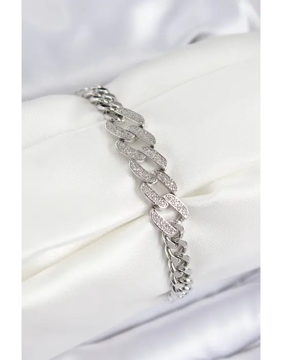 Pirinç Zirkon Taşlı Ezme Küba Zincir Model Gümüş Renk Kadın Bileklik