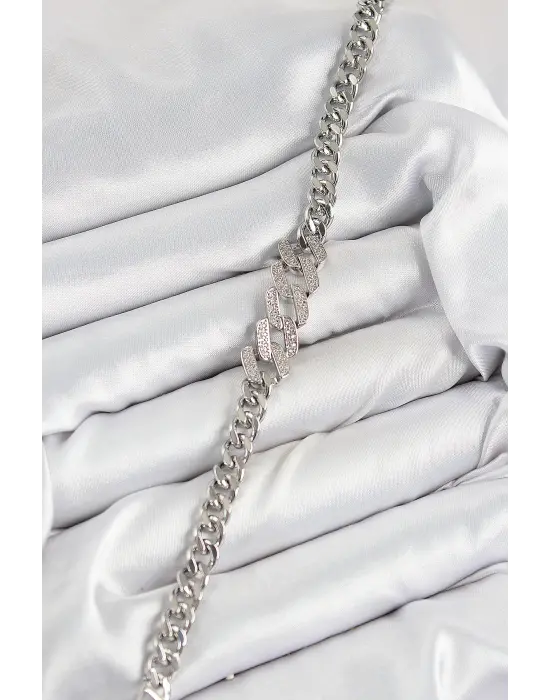 Pirinç Zirkon Taşlı Ezme Küba Zincir Model Gümüş Renk Kadın Bileklik