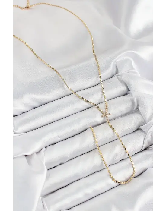 Pirinç Zirkon Taşlı Ezme Zincirli Deniz Yıldızı Model Gold Renk Y Kolye