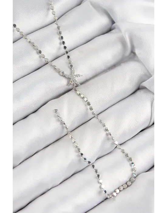 Pirinç Zirkon Taşlı Ezme Zincirli Deniz Yıldızı Model Gümüş Renk Y Kolye