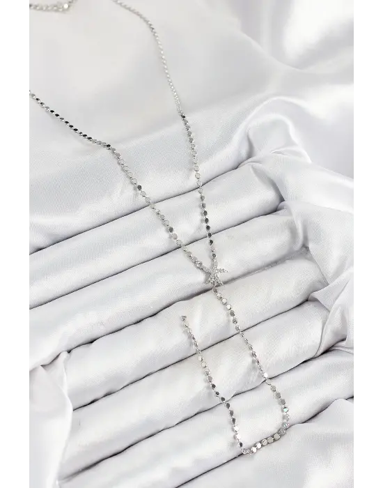 Pirinç Zirkon Taşlı Ezme Zincirli Deniz Yıldızı Model Gümüş Renk Y Kolye