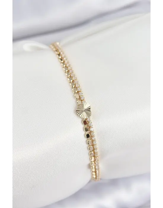 Pirinç Zirkon Taşlı Ezme Zincirli Kalp Model Gold Renk Kadın Bilekilk