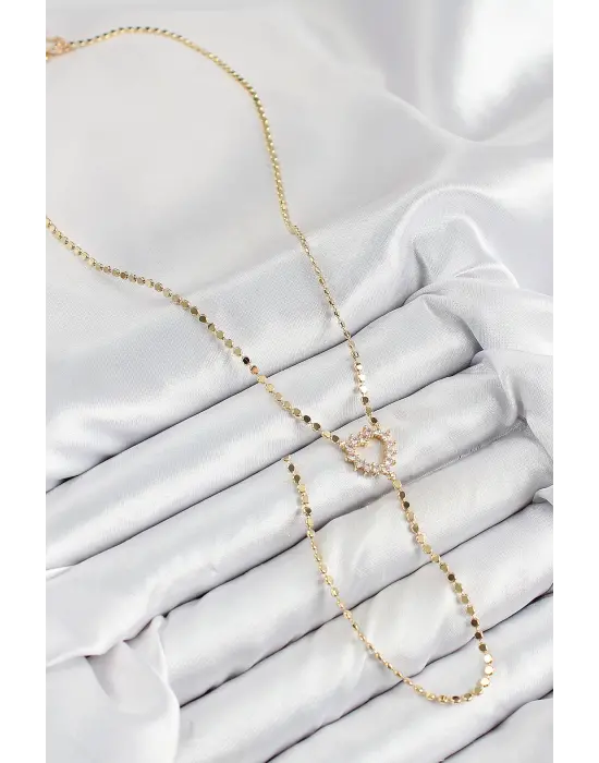 Pirinç Zirkon Taşlı Ezme Zincirli Kalp Model Gold Renk Y Kolye