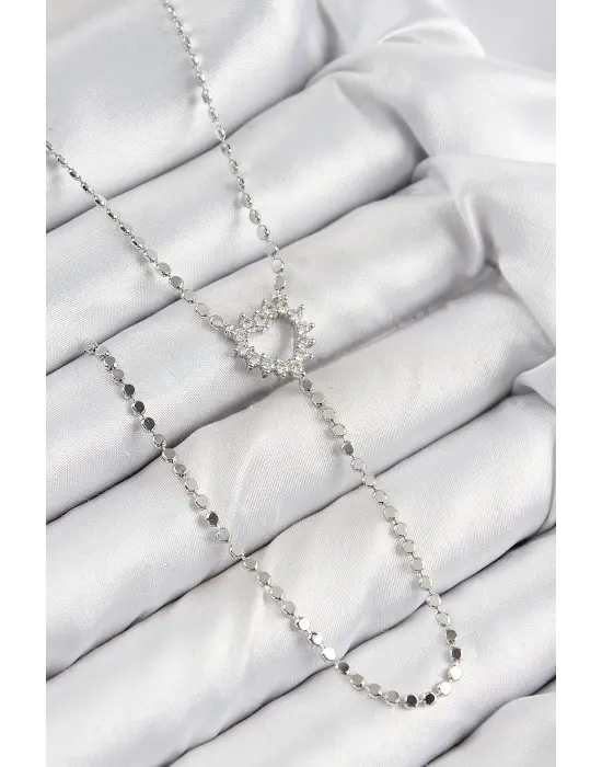 Pirinç Zirkon Taşlı Ezme Zincirli Kalp Model Gümüş Renk Y Kolye