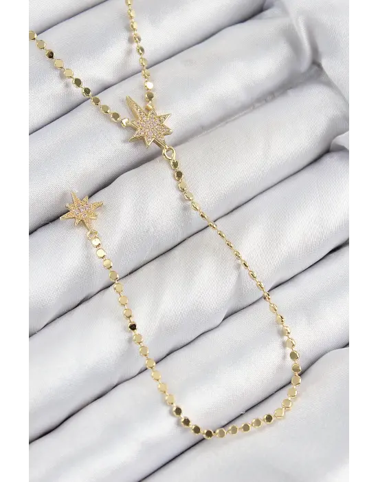 Pirinç Zirkon Taşlı Ezme Zincirli Kutup Yıldızı Model Gold Renk Y Kolye