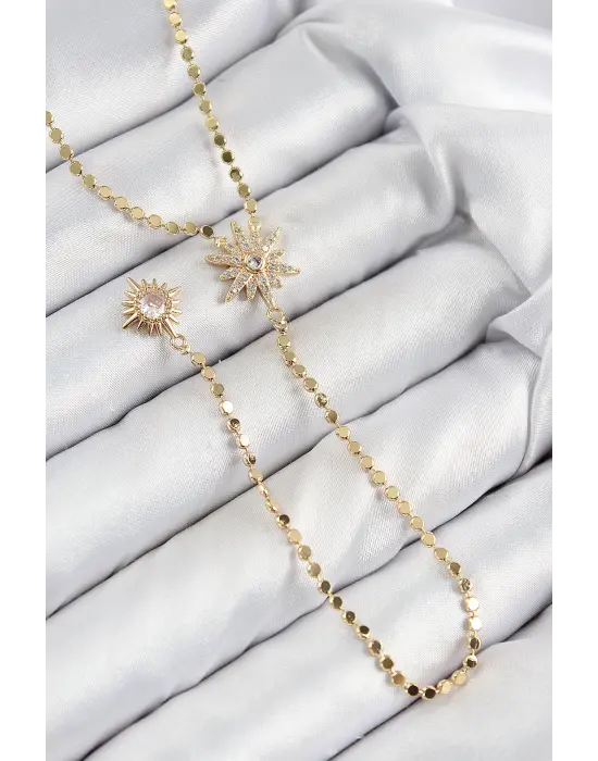 Pirinç Zirkon Taşlı Ezme Zincirli Kutup Yıldızı Model Gold Renk Y Kolye