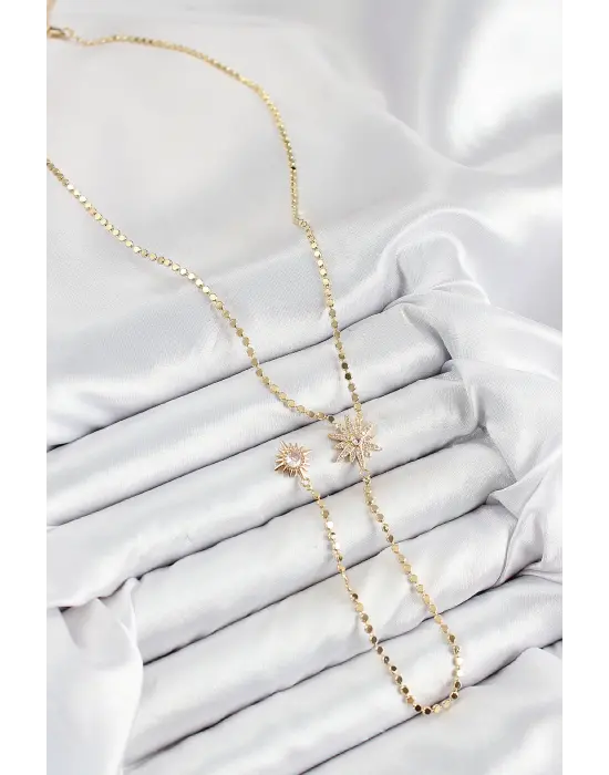 Pirinç Zirkon Taşlı Ezme Zincirli Kutup Yıldızı Model Gold Renk Y Kolye