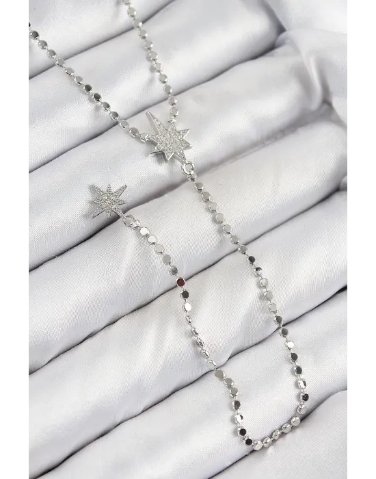 Pirinç Zirkon Taşlı Ezme Zincirli Kutup Yıldızı Model Gümüş Renk Y Kolye