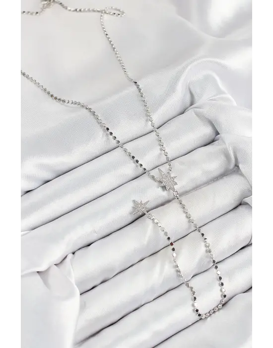 Pirinç Zirkon Taşlı Ezme Zincirli Kutup Yıldızı Model Gümüş Renk Y Kolye