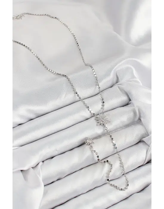 Pirinç Zirkon Taşlı Ezme Zincirli Kutup Yıldızı Model Gümüş Renk Y Kolye