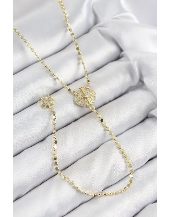 Pirinç Zirkon Taşlı Ezme Zincirli Madalyon Model Gold Renk Y Kolye