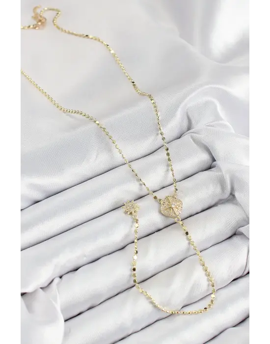 Pirinç Zirkon Taşlı Ezme Zincirli Madalyon Model Gold Renk Y Kolye