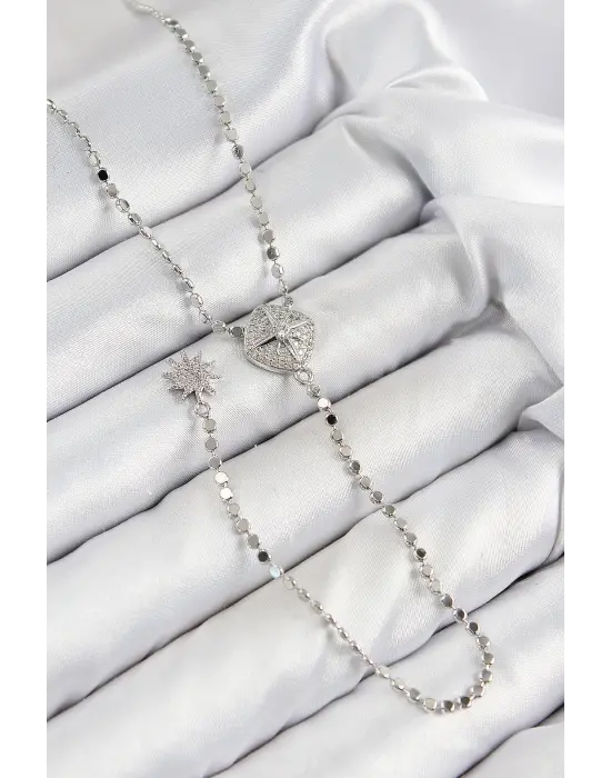 Pirinç Zirkon Taşlı Ezme Zincirli Madalyon Model Gümüş Renk Y Kolye