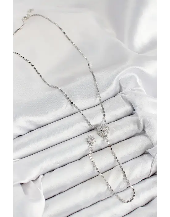 Pirinç Zirkon Taşlı Ezme Zincirli Madalyon Model Gümüş Renk Y Kolye