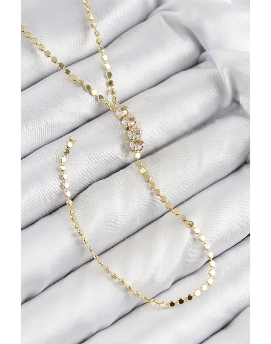 Pirinç Zirkon Taşlı Ezme Zincirli Model Gold Renk Y Kolye