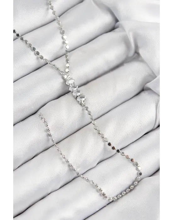 Pirinç Zirkon Taşlı Ezme Zincirli Model Gümüş Renk Y Kolye