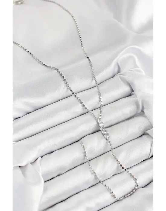 Pirinç Zirkon Taşlı Ezme Zincirli Model Gümüş Renk Y Kolye