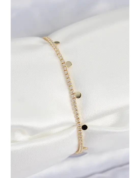 Pirinç Zirkon Taşlı Ezme Zincirli Sıralı Model Gold Renk Kadın Bilekilk