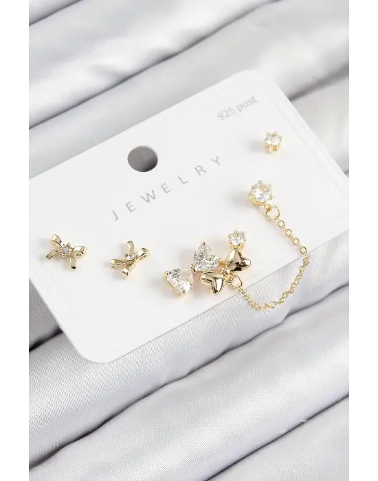 Pirinç Zirkon Taşlı Fiyonk Model Gold Renk 925 Ayar Gümüş Çivi Kadın Küpe Set