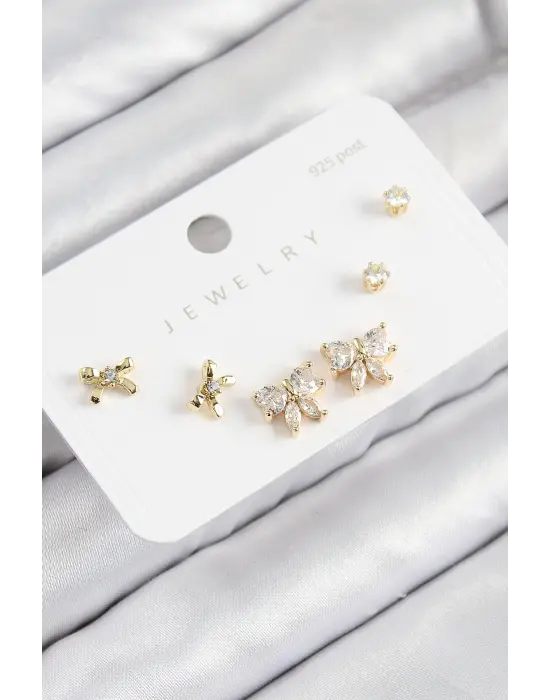 Pirinç Zirkon Taşlı Fiyonk Model Gold Renk 925 Ayar Gümüş Çivi Kadın Küpe Set