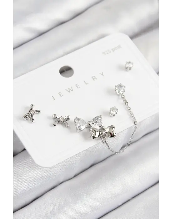 Pirinç Zirkon Taşlı Fiyonk Model Gümüş Renk 925 Ayar Gümüş Çivi Kadın Küpe Set