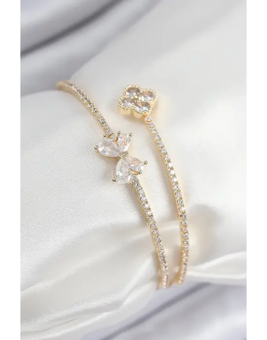 Pirinç Zirkon Taşlı Fiyonk Ve Yonca Model Gold Renk Kadın Bileklik